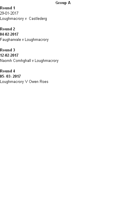 Group A Round 1 29-01-2017 Loughmacrory v  Castlederg  Round 2 04-02-2017 Faughanvale v Loughmacrory  Round 3  12-02-2017 Naomh Comhghall v Loughmacrory  Round 4 05- 03- 2017 Loughmacrory V Owen Roes